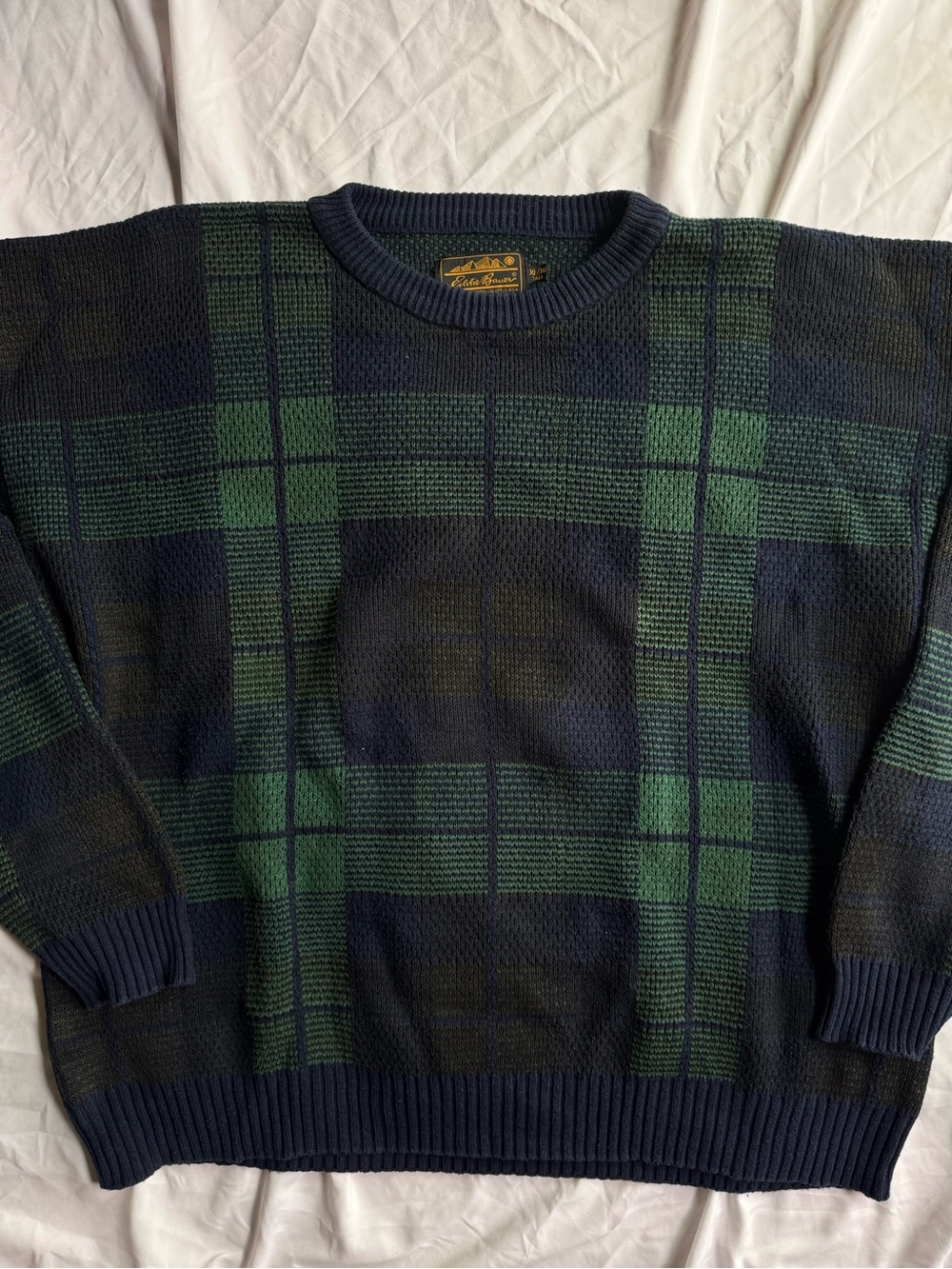 Vintage 90s gold tag Eddie Bauer Navy and Green Plaid Crewneck Sweater